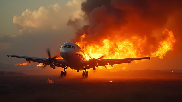 Aeroplane crushing heat and burning fire flames illustration and realistic image 