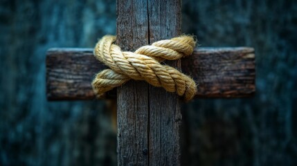 Rustic Wooden Cross with Twisted Rope Detail and Textured Background
