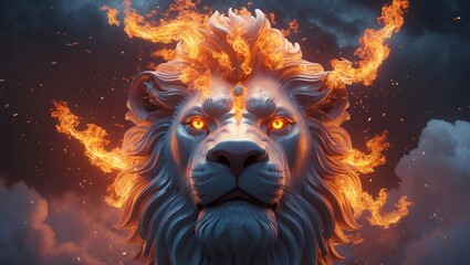 Stunning lionhead artwork featuring vibrant fire elements