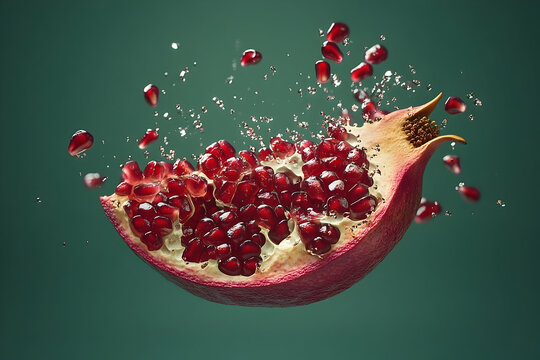 Fresh pomegranate seeds exploding in water.