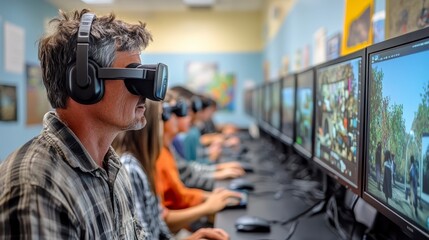 Man Experiencing Virtual Reality in Classroom Setting with Others