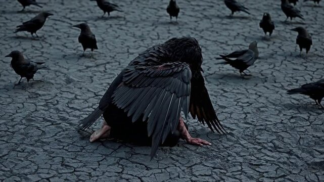 Ange d&eacute;chu bless&eacute; entour&eacute; de corbeaux sur un sol craquel&eacute;