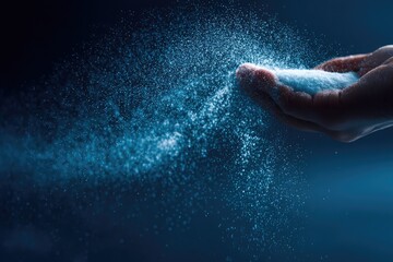 Fototapeta premium Close-up of a hand releasing fine white powder or sand into the air, illuminated dramatically against a dark background, symbolizing time, fragility, or transience.
