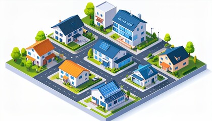 Fototapeta premium Cartoon Isometric Houses in Neighborhood