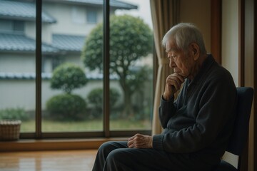 高齢者の孤独と瞑想 | 大きな窓のある室内で物思いにふける日本人男性 - 高齢者ケア、社会問題、メンタルヘルスをテーマにしたイメージ