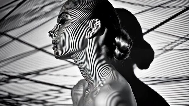 A high-contrast black-and-white portrait of a woman in profile, with projected light casting flowing, zebra-like stripes across her face and body