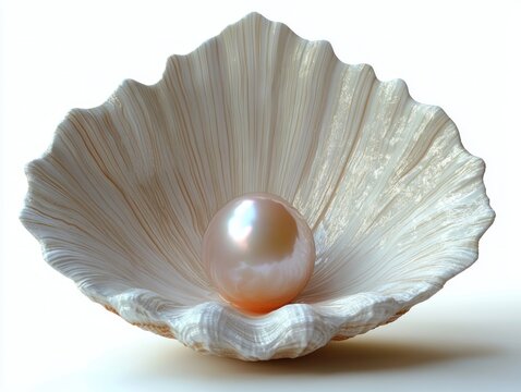 A large lustrous pearl resting inside a delicately textured open clam shell against a clean white background, evoking beauty and natural elegance