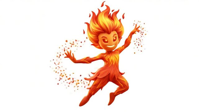 Cartoon fire character casting magic on isolated white background