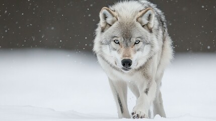 Naklejka premium Gray wolf striding through a snowy landscape.