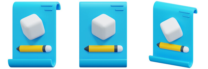 Set of White Cube and Yellow Pencil on Blue Scroll 3d Render Icon Illustration