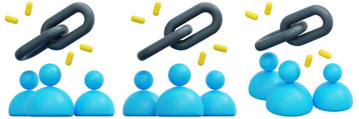 Set of Breaking Chains: 3D Render of Blue Figures and Falling Gray Links 3d Render Icon Illustration