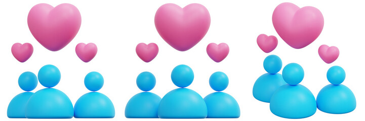 Set of Pink Hearts Above Blue 3D People Group 3d Render Icon Illustration