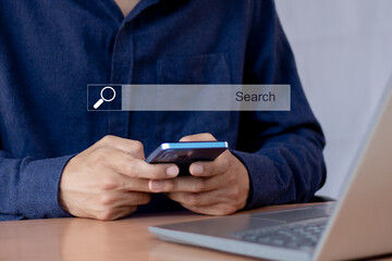 Searching the internet with a search bar working on a smartphone, internet network concept.	