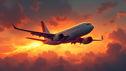 Aeroplane crushing heat and burning fire flames illustration and realistic image 