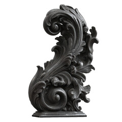 Elegant dark gray marble rococo style ornate carving decorative element 3d on transparent background