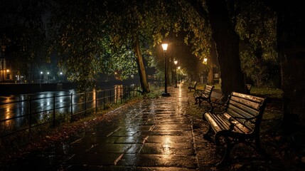 Rainy Night Serenade: A deserted path next to a waterway gleams under the soft glow of streetlights, enhanced by the glistening surface of the rain.