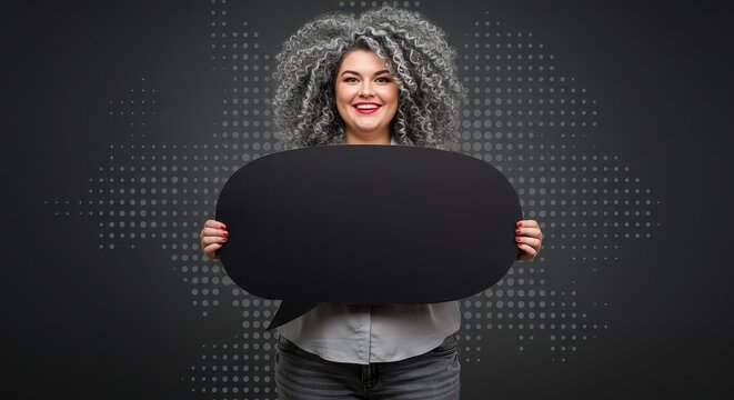 The woman is holding a large white speech bubble. Visual Concept.