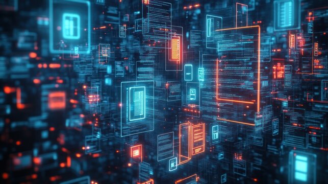 Abstract digital network of floating translucent data panels with glowing blue and orange code elements in futuristic cyberspace environment