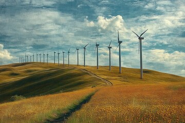 Row of wind turbines on rolling hills covered with yellow and orange flowers under a partly cloudy blue sky conveying a peaceful and sustainable energy scene