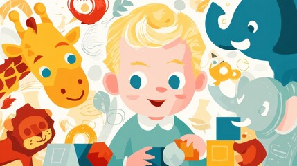 Obraz premium Child's Play: Cartoon Illustration of a Toddler Surrounded by Toys