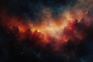 Obraz premium Colorful cosmic nebula with swirling clouds of red, orange, and yellow light contrasting against deep black space, evoking a sense of vastness and mystery