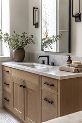 Modern bathroom vanity with wooden cabinets, marble countertop, black faucet, potted plant, towels, soap dispenser, rectangular mirror, and natural light