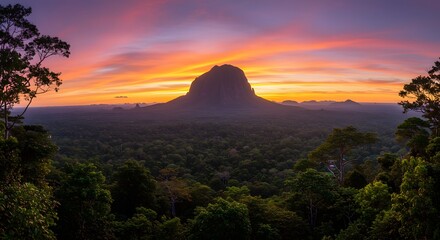 Mountain Peak Overlooking Forest at Colorful Sunset Glow