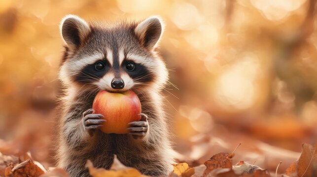 Lindo mapache comiendo una manzana en oto&ntilde;o.