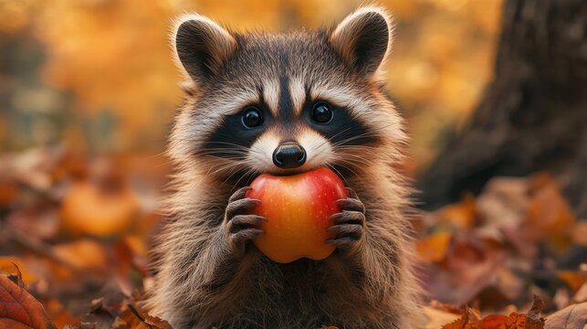 Lindo mapache comiendo una manzana en oto&ntilde;o.