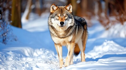 Naklejka premium Gray wolf stands alert in snowy forest path.