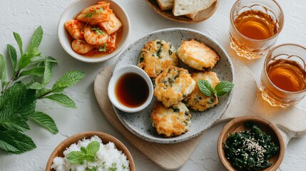 Aerial shot of a breakfast spread including probiotic yogurt pancakes, kombucha glasses with fruit infusions, and a side of kimchi for adventurous gut-friendly brunch concept on white tabletop