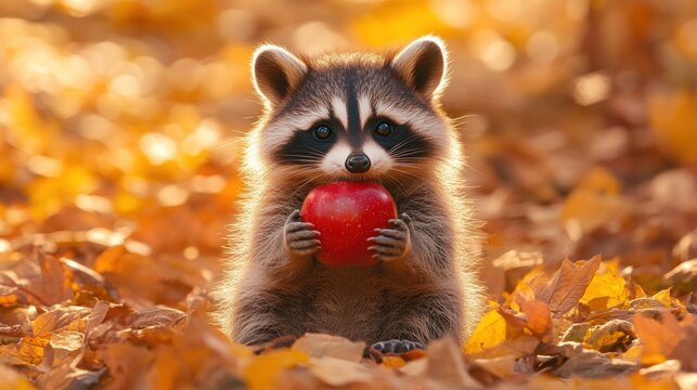Lindo mapache comiendo una manzana en oto&ntilde;o.