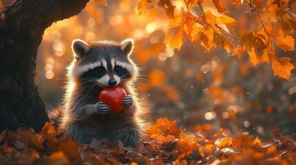Obraz premium Lindo mapache comiendo una manzana en otoño.
