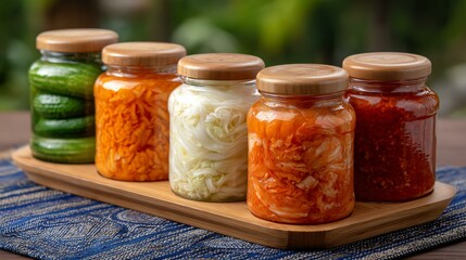 Fresh market stall display with wooden crates and glass jars filled with colorful probiotic vegetablesâ€”kimchi, sauerkraut, pickled cucumbersâ€”as well as kombucha bottles lined up for artisanal