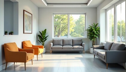Fototapeta premium Friendly, clean doctor's office waiting area with comfortable seating and natural light , furniture, health