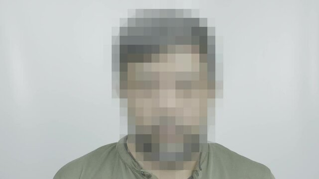 A closeup of a man with a pixelated, censored head on a white background, emphasizing anonymity, privacy, and digital identity concealment in a minimal and clean style