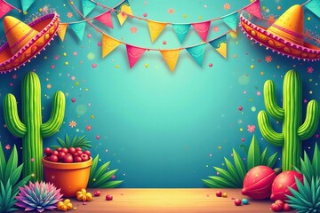 Vibrant fiesta clip art featuring colorful decorations, including sombreros, maracas, and cacti , texture, fun, vector