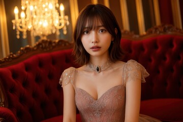 豪華なシャンデリアの下、赤いソファに座るドレス姿の若い日本人女性のポートレート