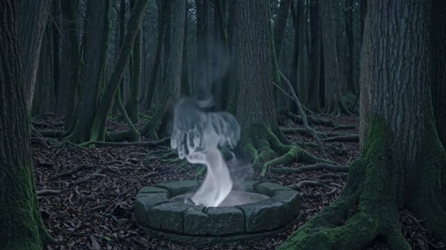 Apparition spectrale &eacute;mergeant d&rsquo;un puits ancien dans une for&ecirc;t myst&eacute;rieuse