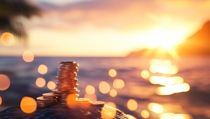 Golden coins stacked high on a rock by the ocean at sunset