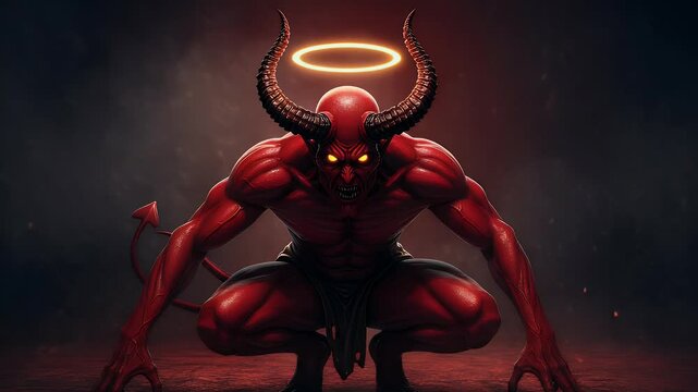 Crouching Red Figure with Horns and Tail Glowing Intensly