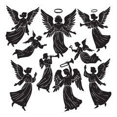 Set of black christmas angel silhouettes isolated on white background