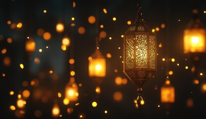 Naklejka premium Warm, golden lanterns hang in a dark night, illuminated by soft light