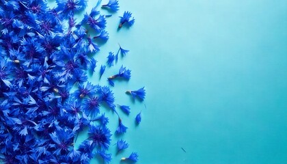 Cornflower petals in vivid blue arranged loosely on one side of a creamy mint surface