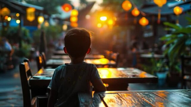 A young boy sits at a wooden table in a restaurant. The scene features warm sunlight, empty and occupied tables, and potted plants for decoration.
