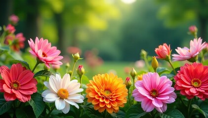Obraz premium Vibrant colorful flower border in full bloom, lush garden scene , greenery, daylight, colorful