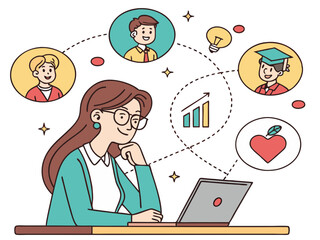 Illustration of a young woman sitting at her desk using a laptop and thinking