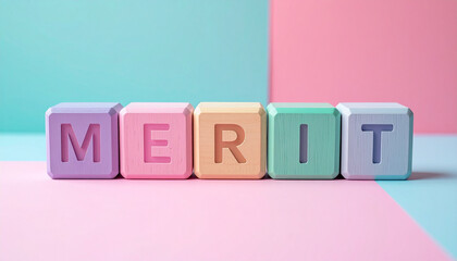 メリットを意味するMERITの文字が書かれたカラフルな木製のキューブブロック。aiで生成	