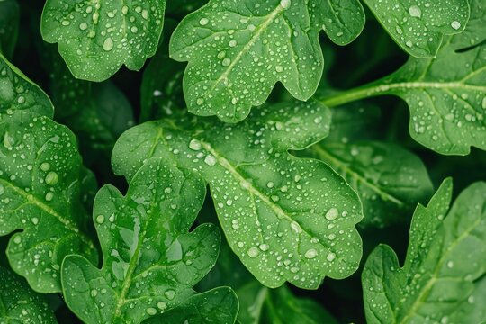 Vibrant green leaves glistening with dew drops in the morning - Powered by Adobe