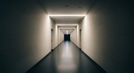 Walking Down Long Illuminated Hallway with Doors